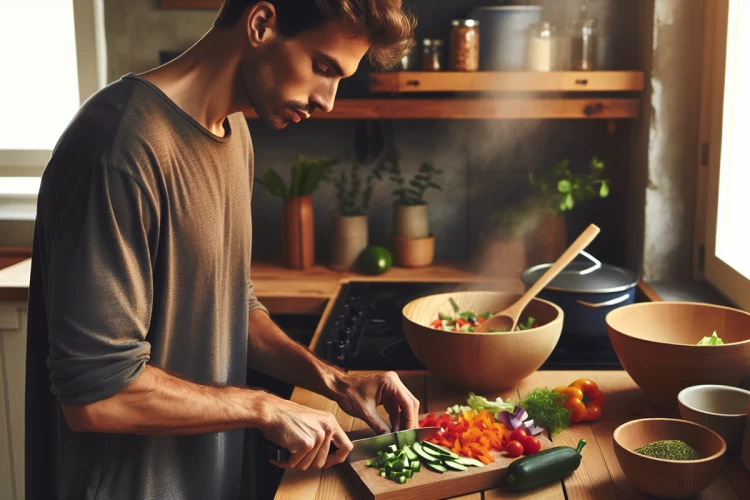 Person chopping fresh vegetables while preparing a meal at home