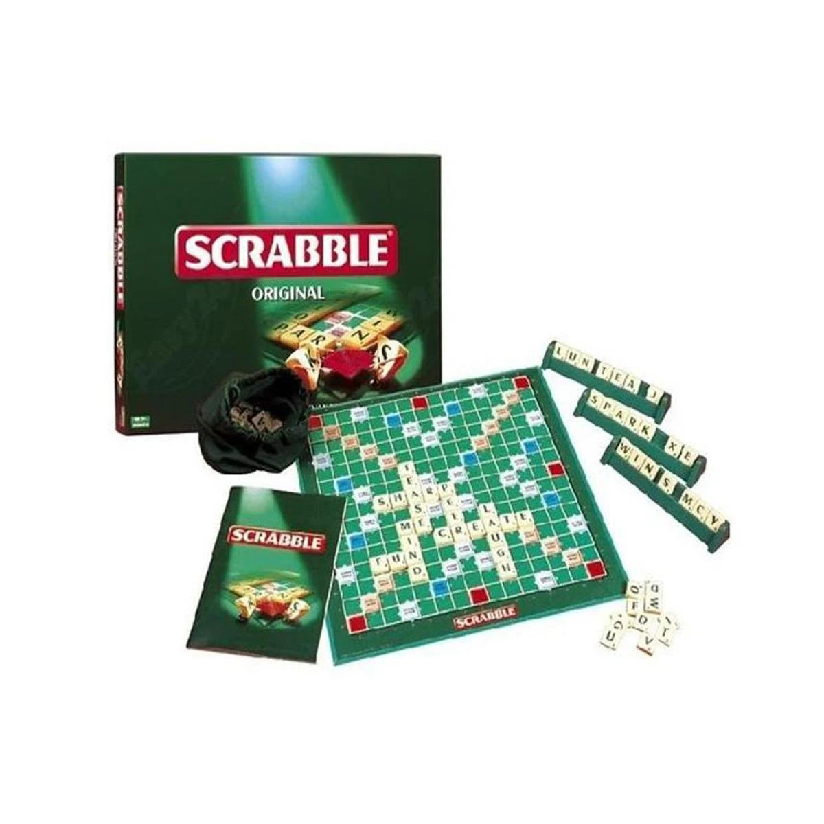 Scrabble board, letter tiles and game box arranged for play