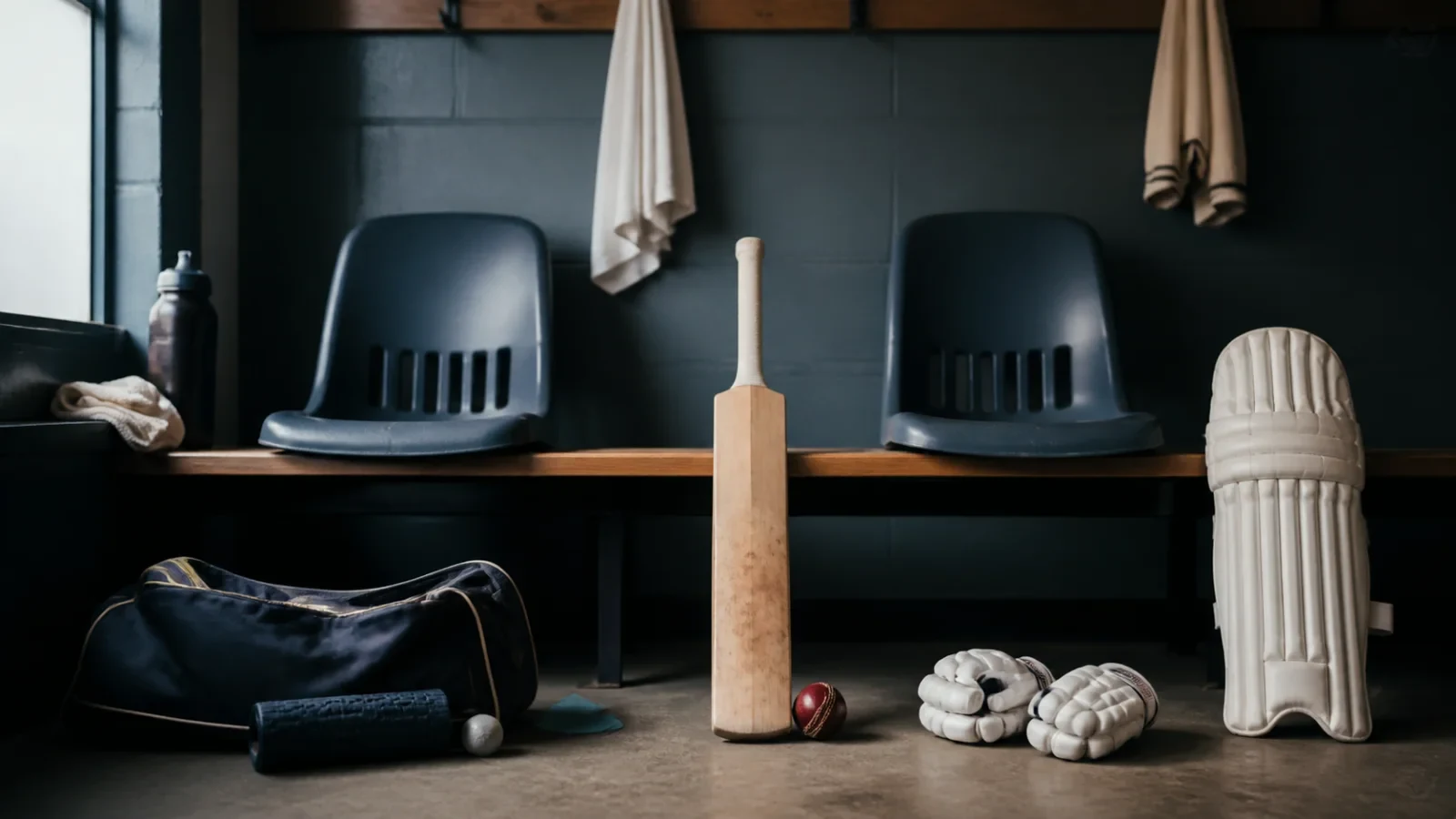 Cricket equipment positioned between two empty dressing-room seats.