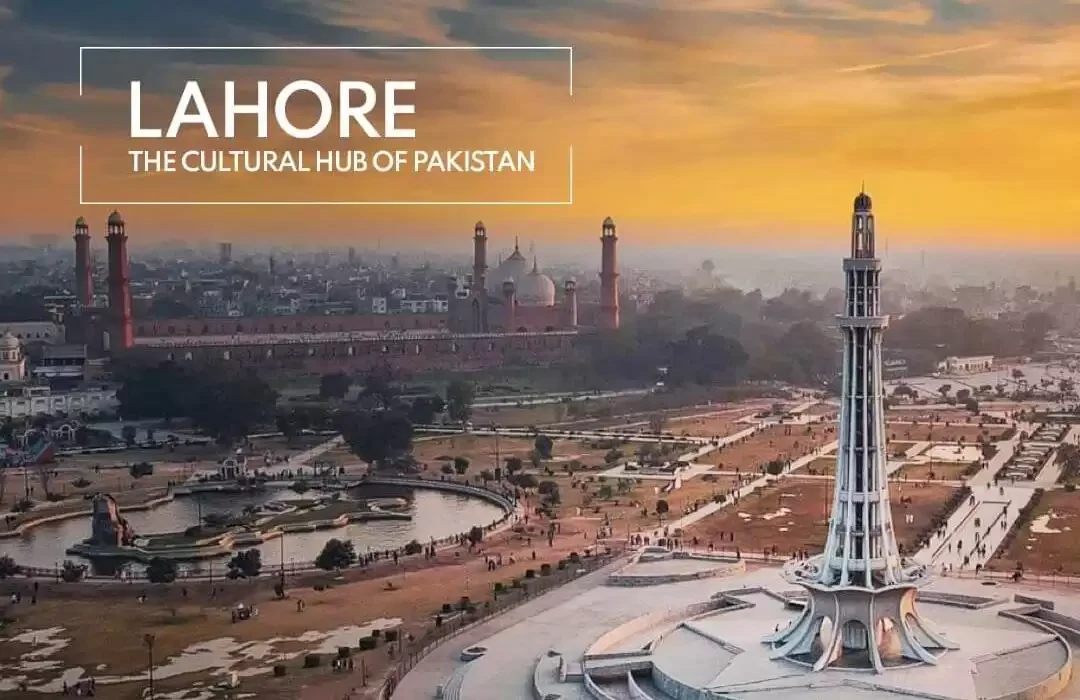A Lahore city graphic featuring Minar e Pakistan and the Badshahi Mosque at sunset