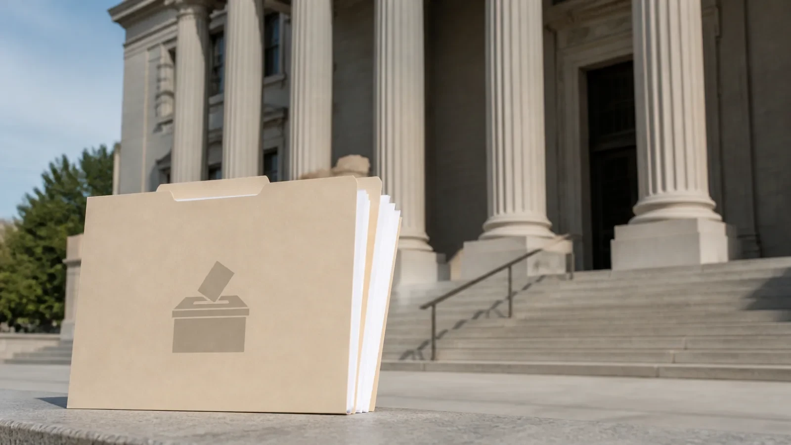 Legal filing papers beside a courthouse and a ballot symbol.