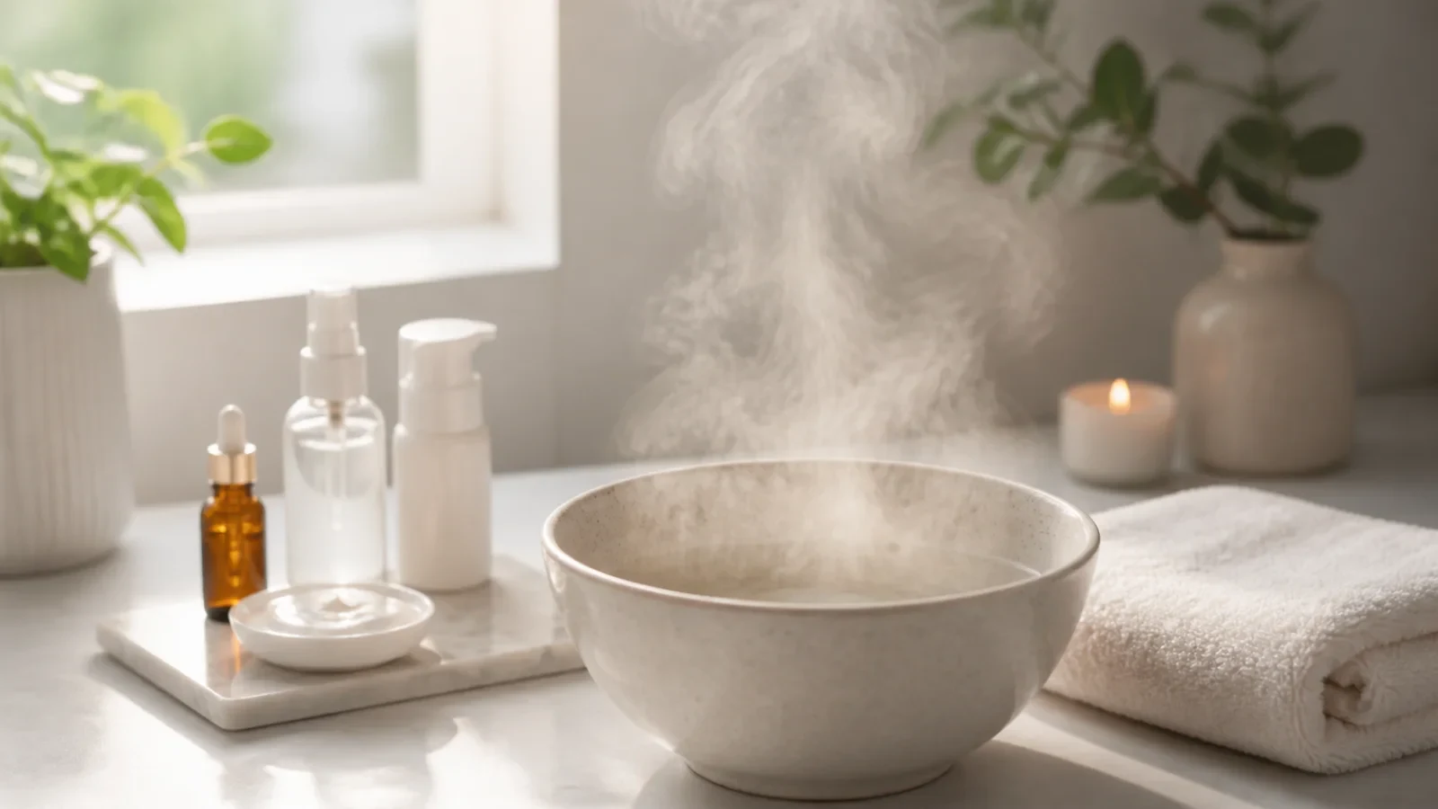 Steaming facial bowl beside a folded towel and skincare essentials.