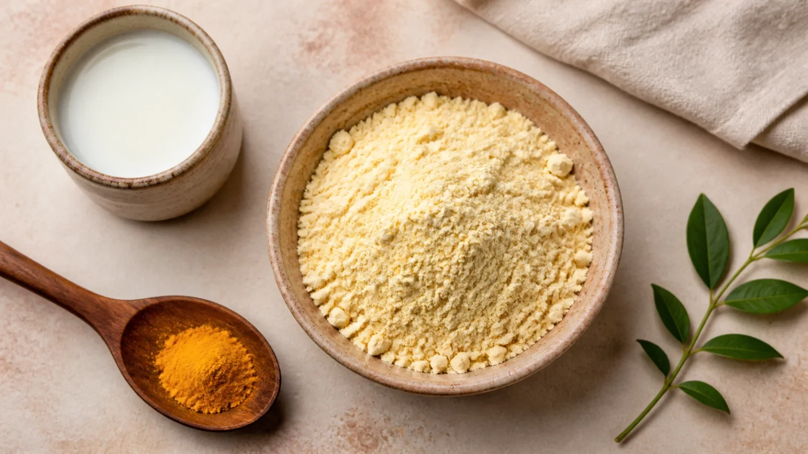 Bowl of gram flour with turmeric, milk, and a wooden spoon.