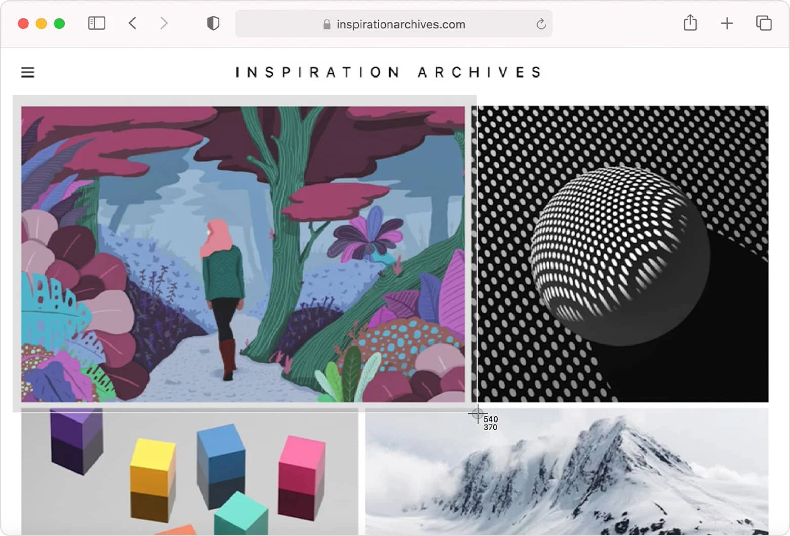 Browser window with a selected screenshot area over a design gallery