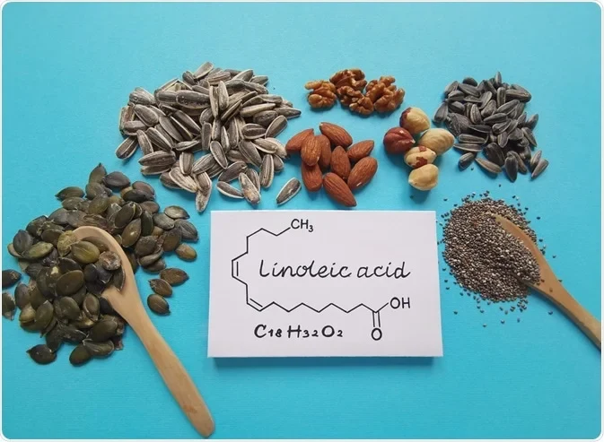 Seeds and nuts surrounding the chemical structure of linoleic acid.
