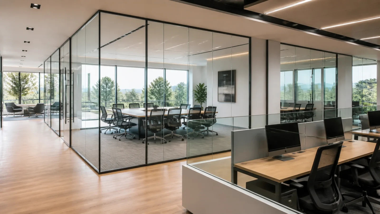 Modern office fitted with full-height and low-height glass partitions.