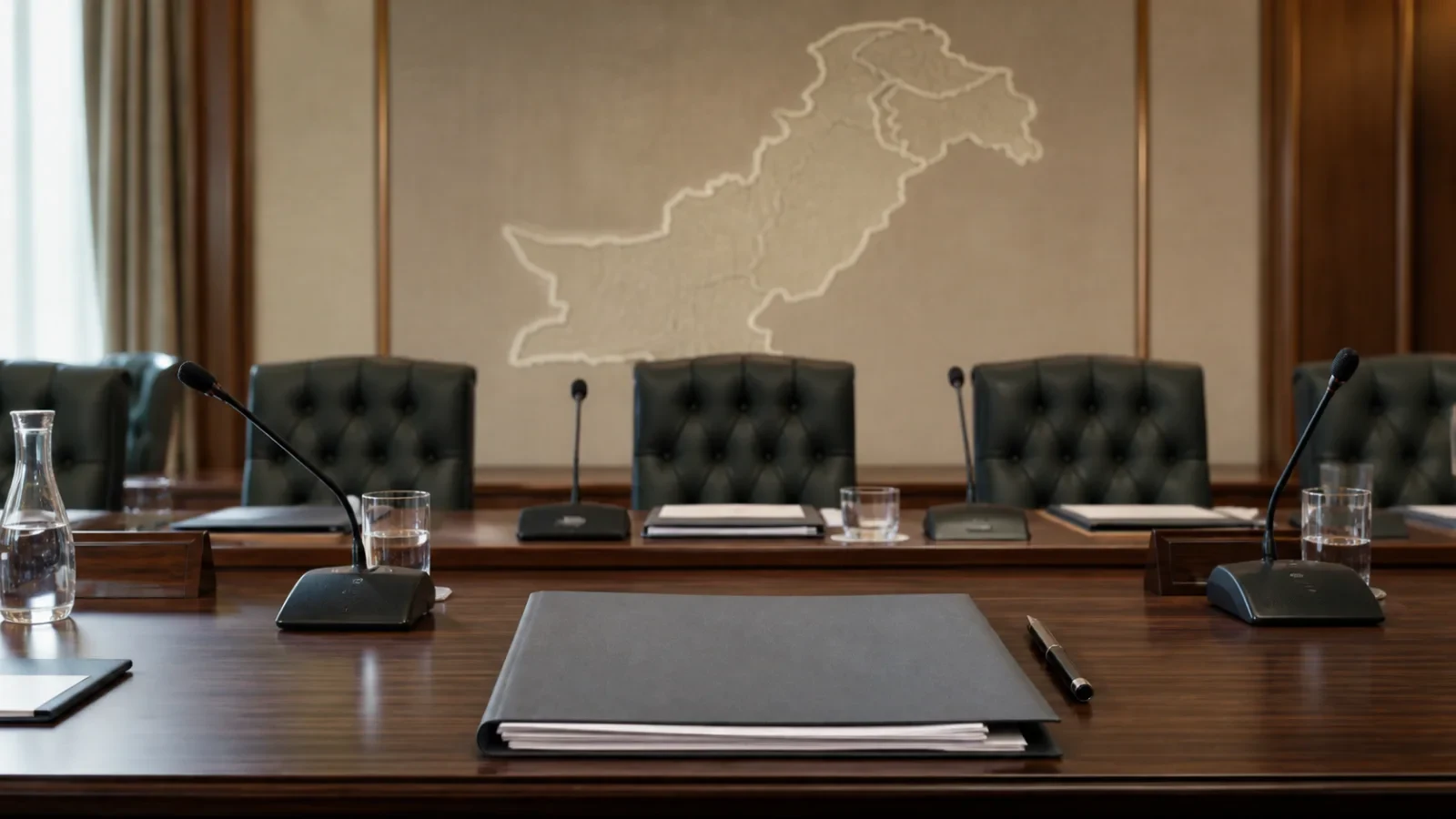 Security briefing folders arranged on a parliamentary committee table.