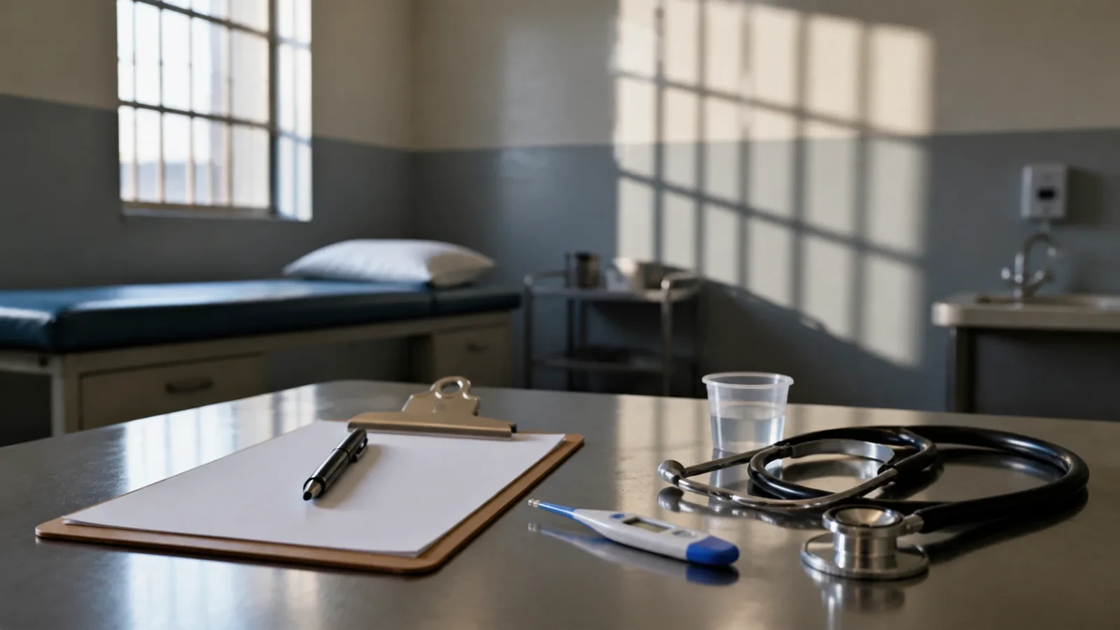 Thermometer and medical equipment in a prison clinic room.