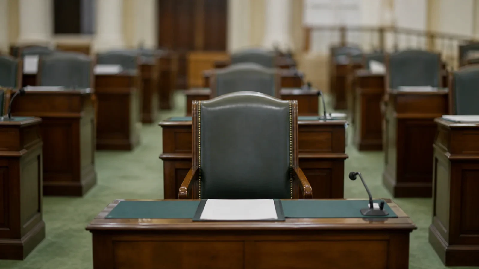 An empty seat among desks in a provincial assembly chamber.