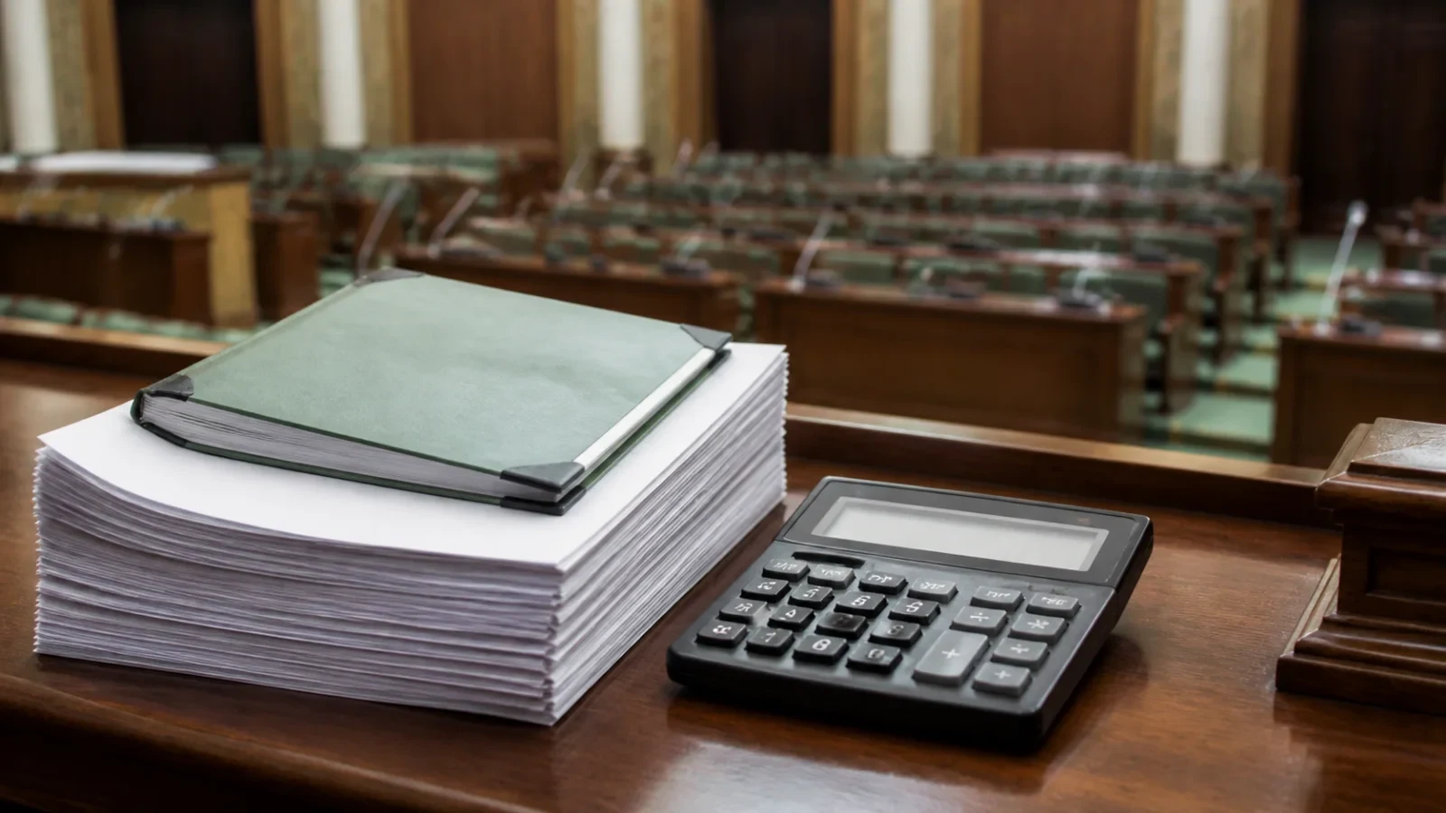 Budget documents and a calculator inside a provincial assembly setting.