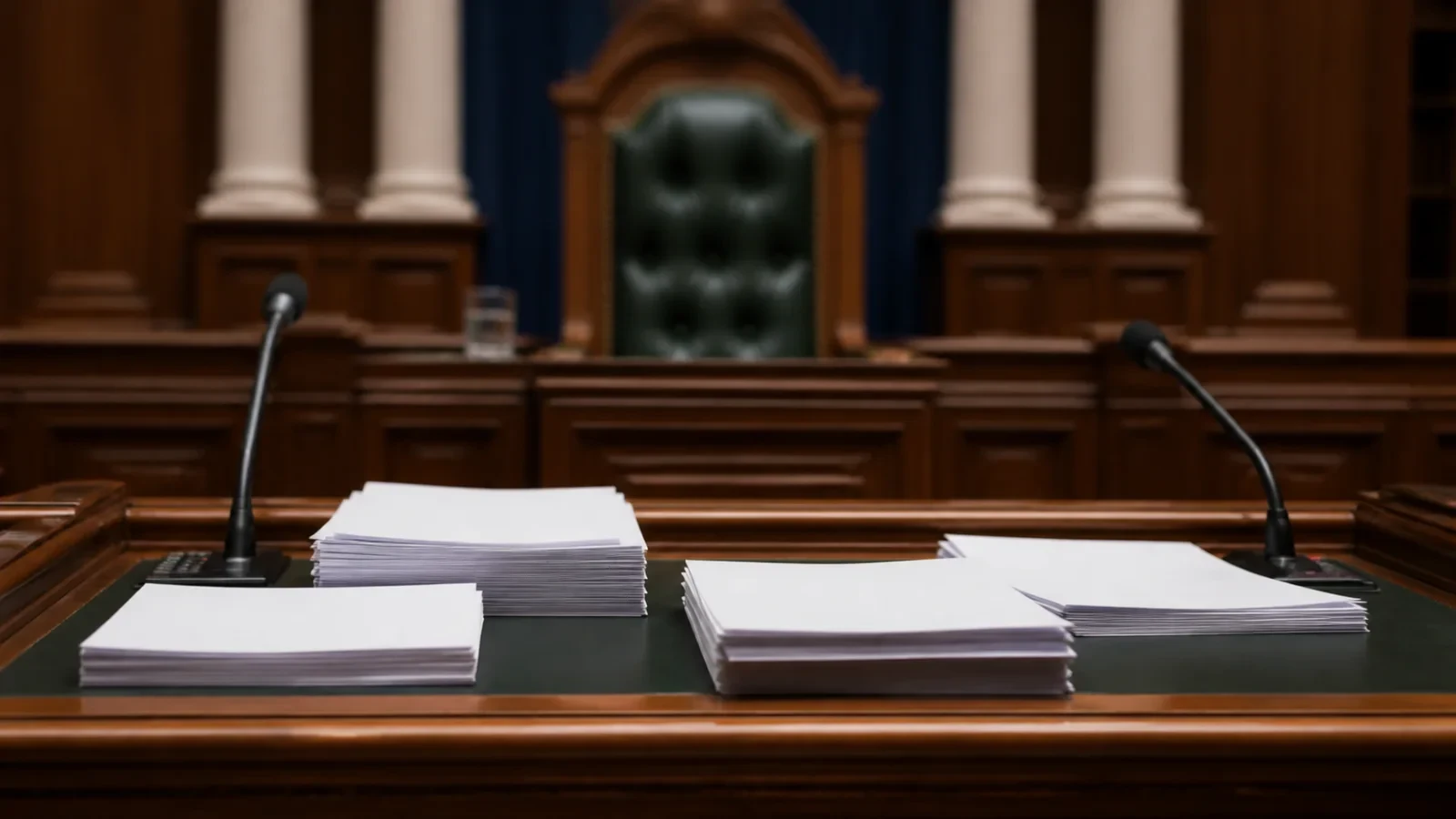 Legislative motion papers on a desk inside an assembly chamber.