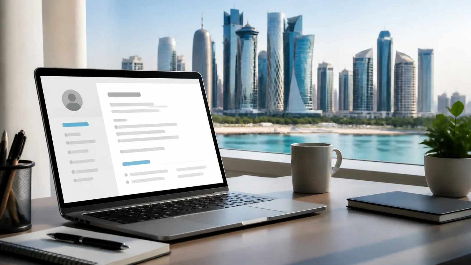 Resume and laptop at a workspace overlooking Doha skyline.