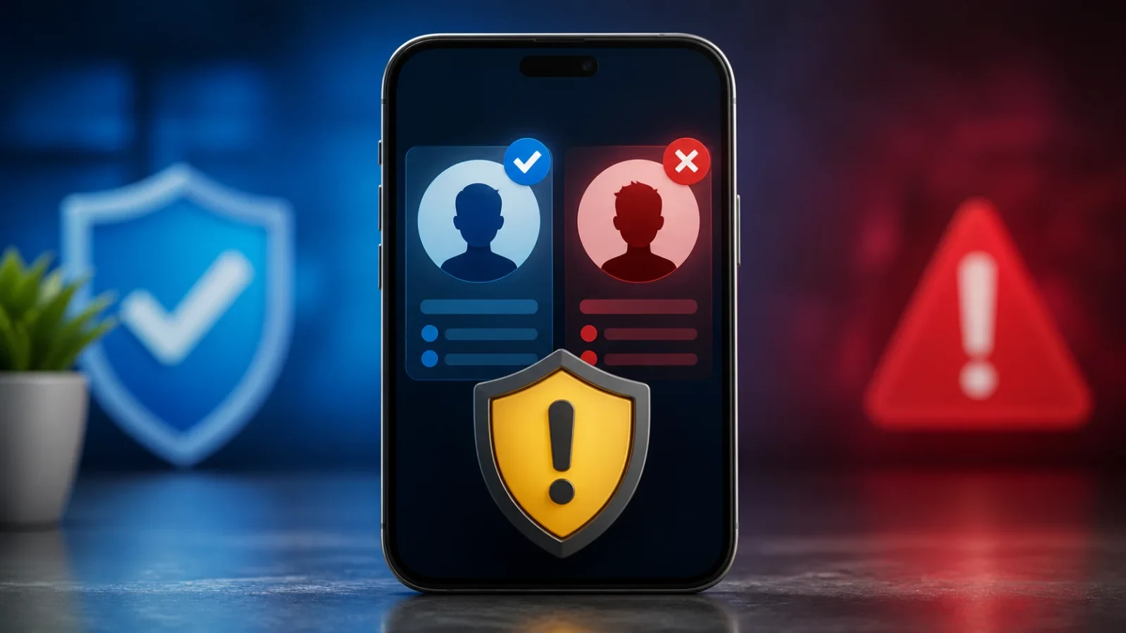 Smartphone profiles displayed beside an online scam warning shield.