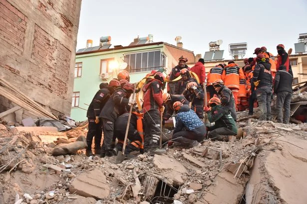 Earthquake rubble and rescue scene