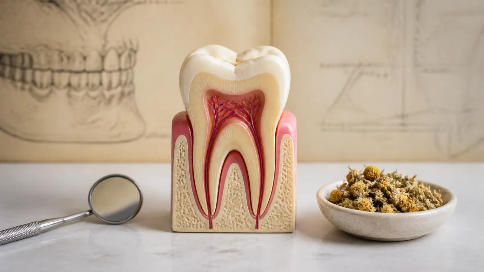 Tooth model beside a dental mirror and a small bowl of herbs.