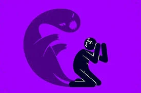 Illustration of a distressed person confronted by a shadowy figure.