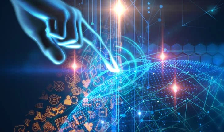 Hand interacting with a glowing network of digital technology icons